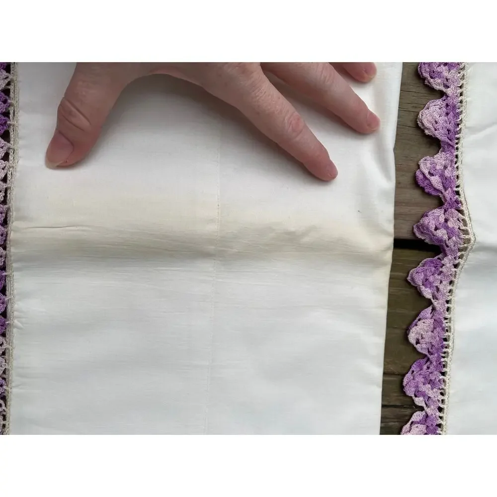pillow case pair with crocheted trim purple